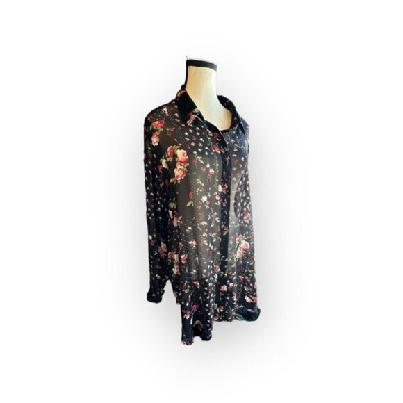 Women’s Reitmans 2x Black Floral Semi Sheer Button Down Long Sleeve Tunic - Picture 6 of 8